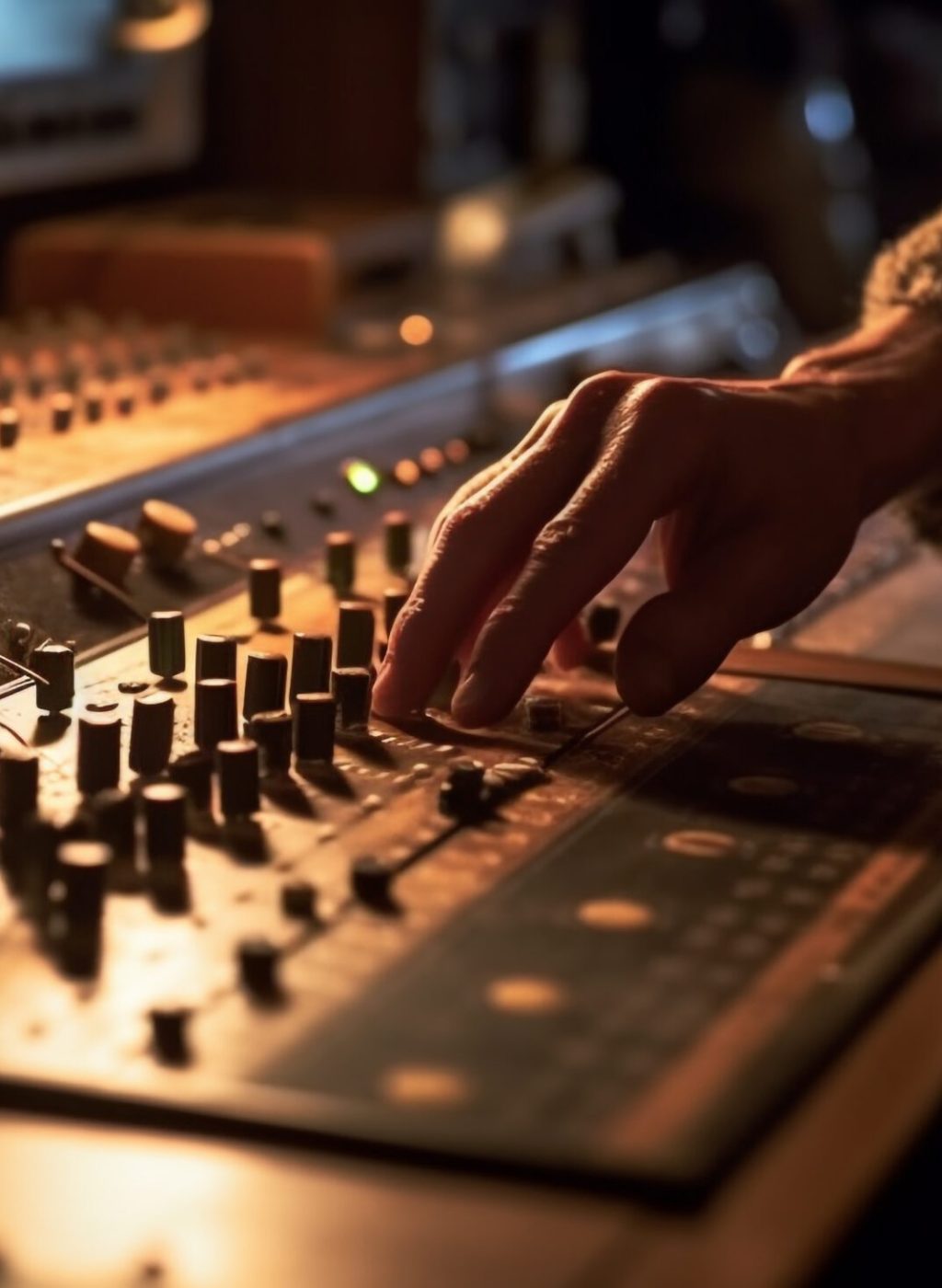 Hand pushing knob on sound mixer in nightclub generated by artificial intelligence